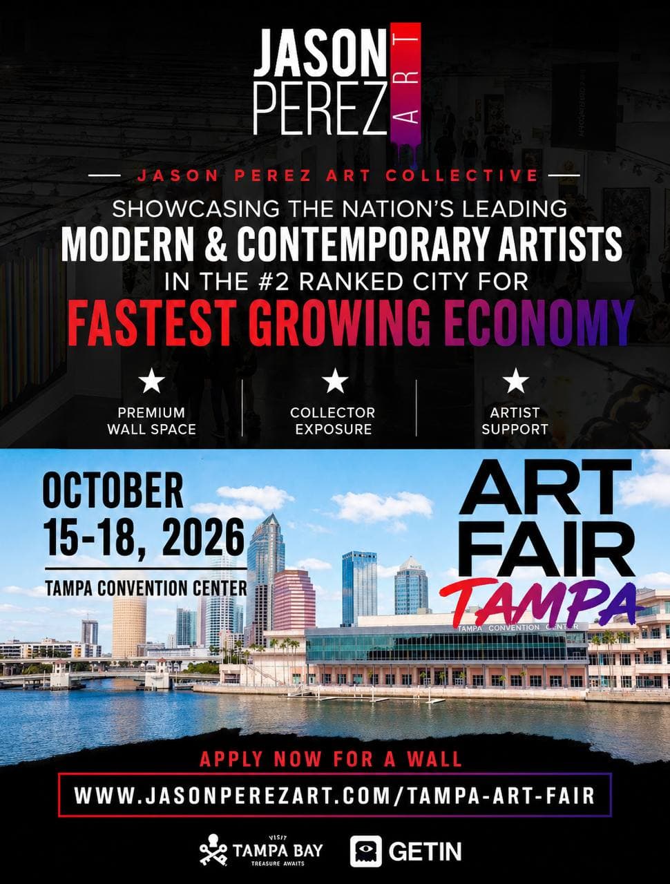 Tampa Art Fair artist wall-space flyer for Jason Perez Art Collective, October 15 through 18, 2026 at the Tampa Convention Center